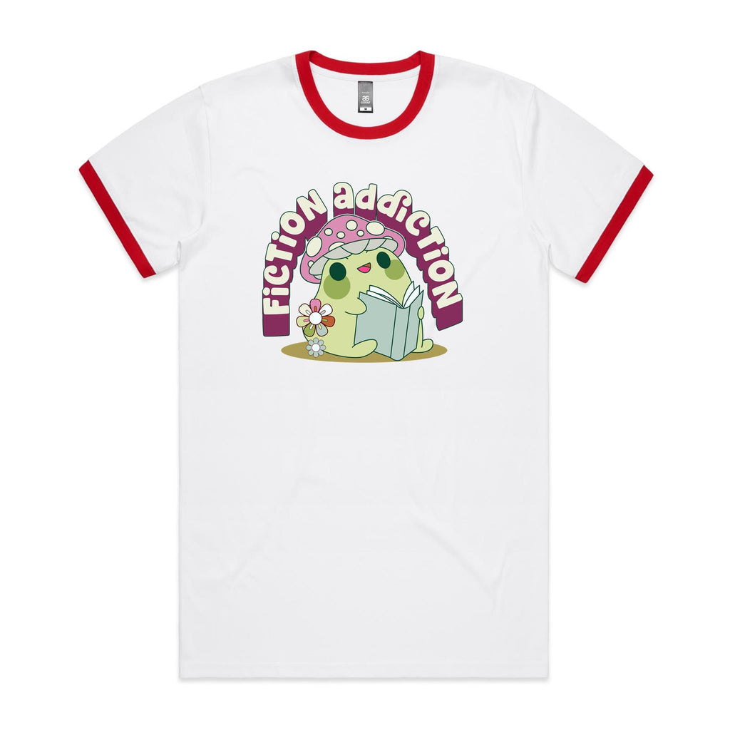 Fiction Addiction - Staple Ringer Tee White Red Ringer T-Shirt Printed In Australia Reading