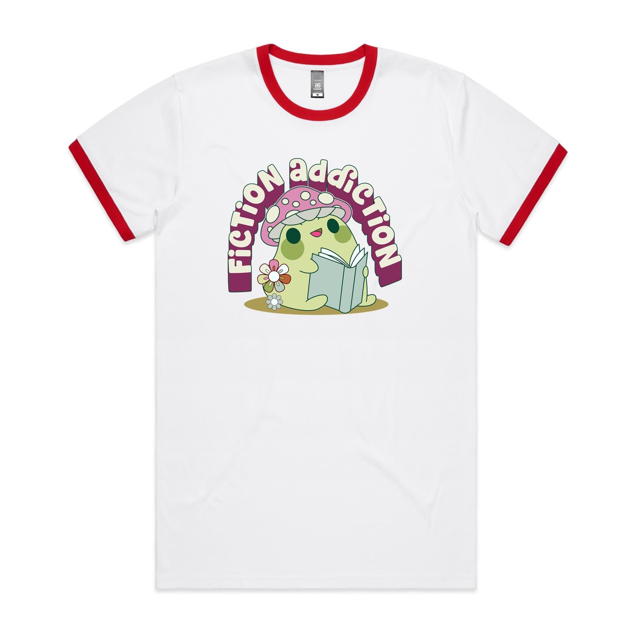 Fiction Addiction - Staple Ringer Tee White Red Ringer T-Shirt Printed In Australia Reading