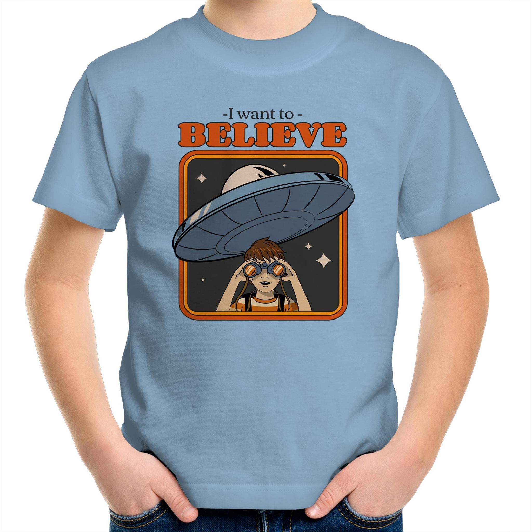 I Want To Believe, Alien UFO - Kids Youth T-Shirt Carolina Blue Kids Youth T-shirt Printed In Australia Sci Fi