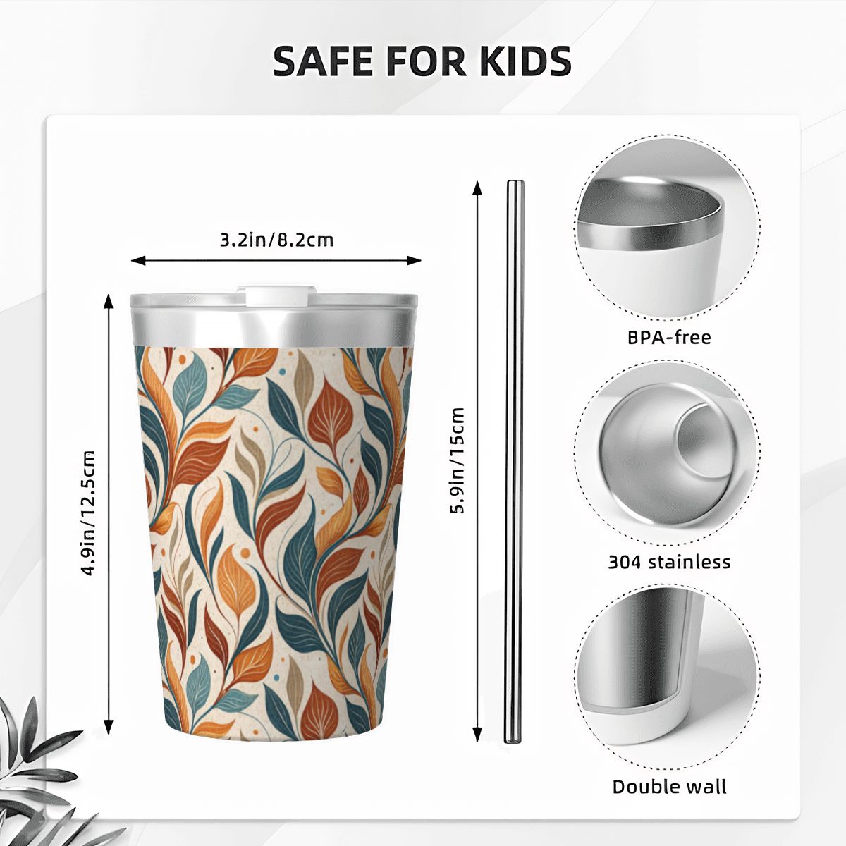 Whimsical Leaf Swirl Small Stainless Steel Travel Mug Cup 12oz/350ml