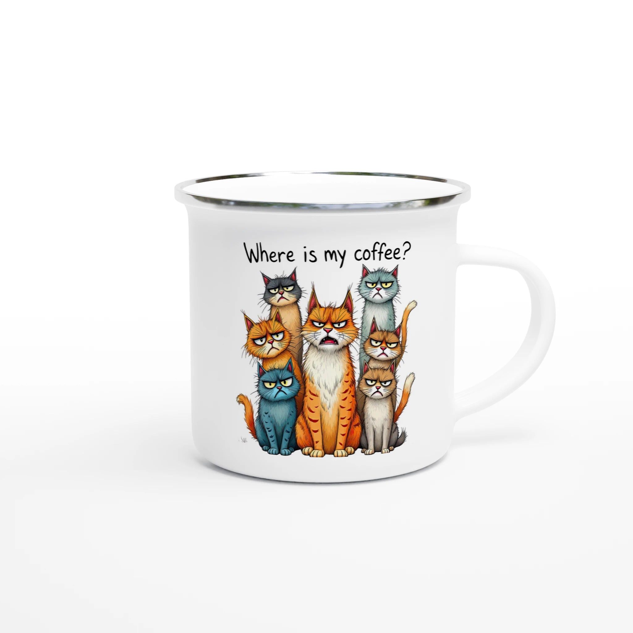 Where Is My Coffee, Cranky Cats - White 12oz Enamel Mug Enamel Mug animal Coffee Globally Fulfilled