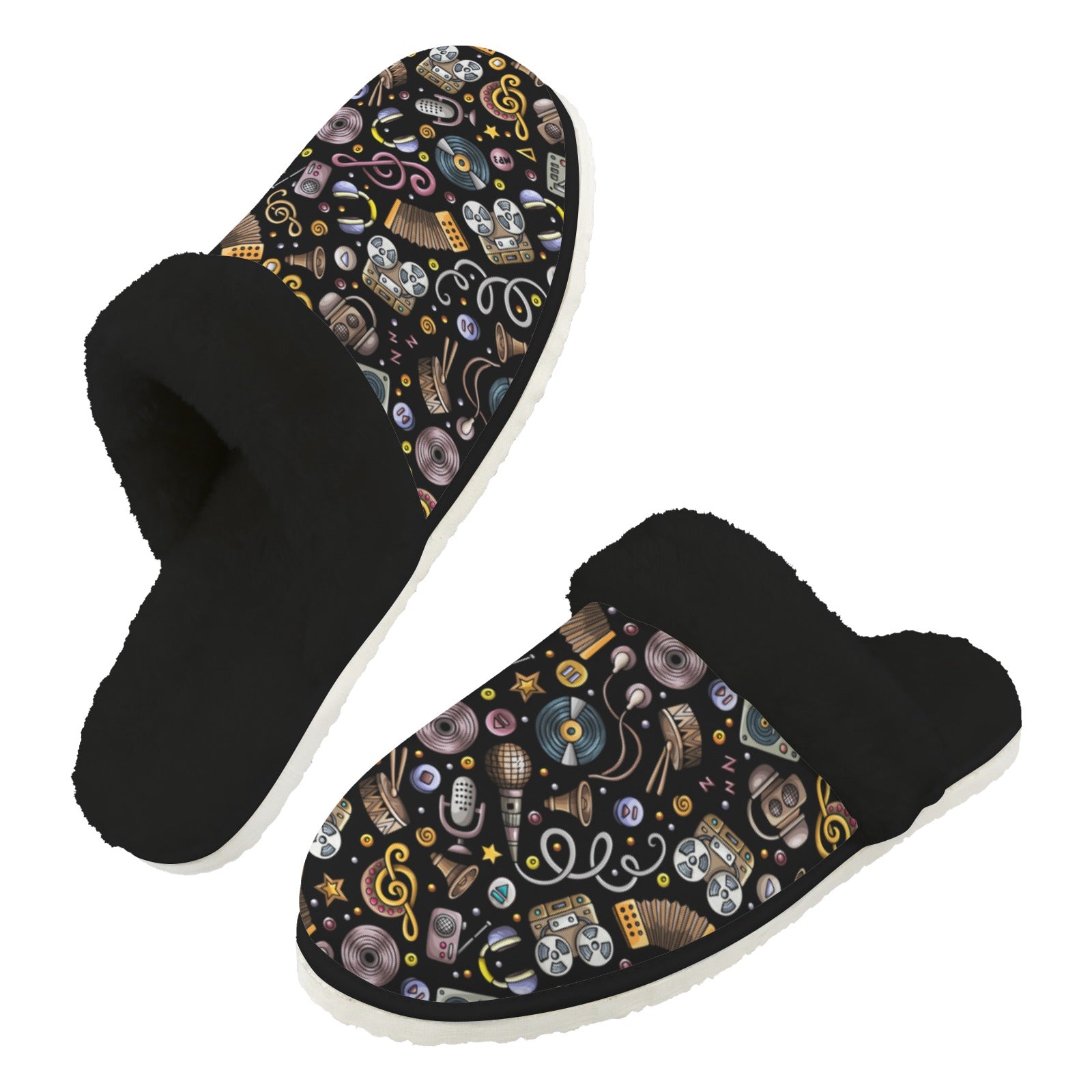 Retro Music Mix Men's Fur Trim Thick-Sole Indoor Slippers 2XL Men's Fur Trimmed Slippers Music Printed Offshore