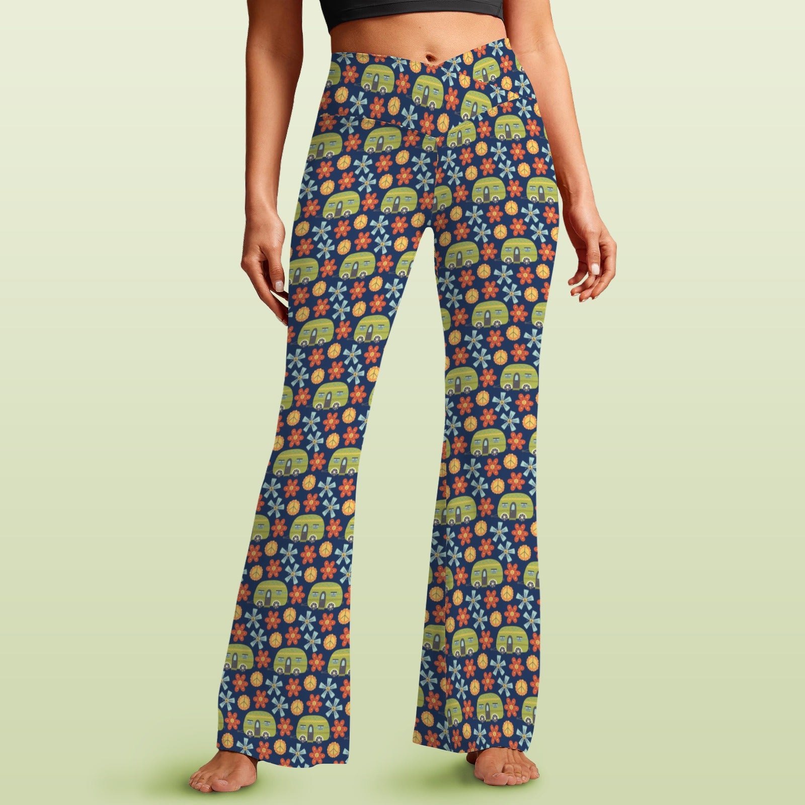 Hippie Caravan High Waist Crossover Tummy Control Flare Leggings 5XL High Waist Flare Leggings Printed Offshore Retro