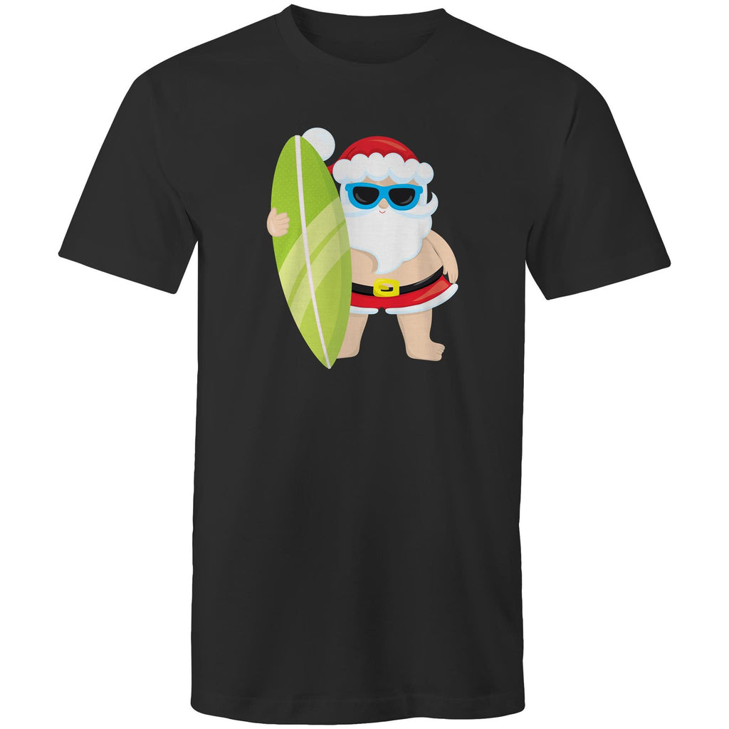 Surfing Santa - Mens T-Shirt Black Mens Christmas T-shirt Christmas Printed In Australia