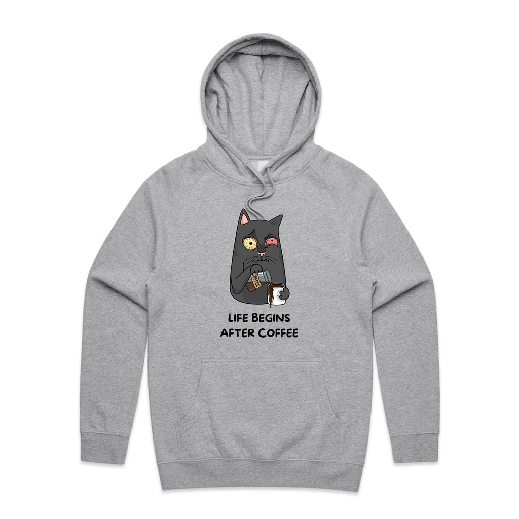 Life Begins After Coffee, Cat - Mens Hoodie Grey Marle Mens Hoodie animal Coffee Printed In Australia