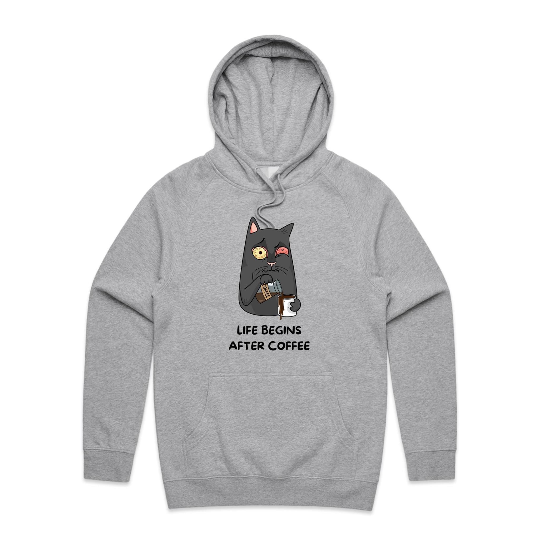 Life Begins After Coffee, Cat - Mens Hoodie Grey Marle Mens Hoodie animal Coffee Printed In Australia