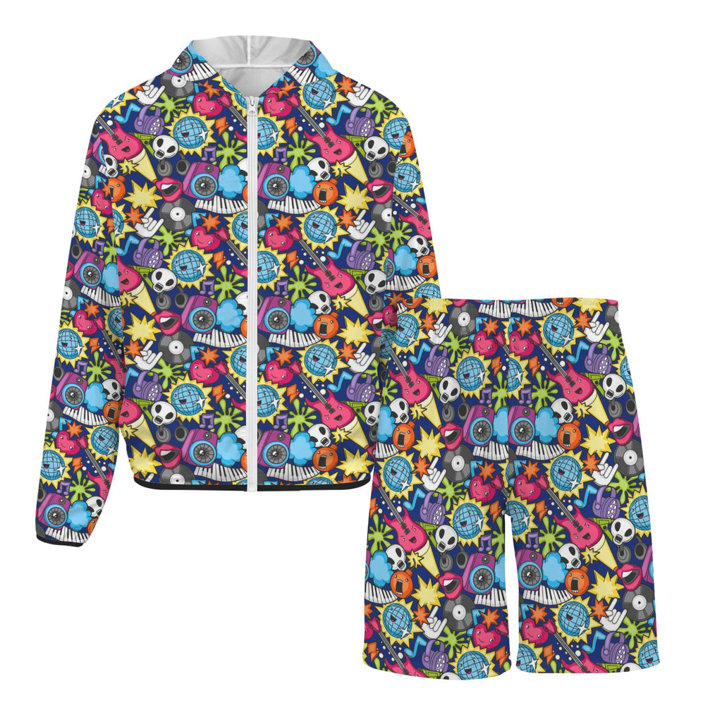 Sticker Music Men's Lightweight Sun Hoodie & Shorts Set Men's Lightweight Sun Hoodie & Shorts Music Printed Offshore