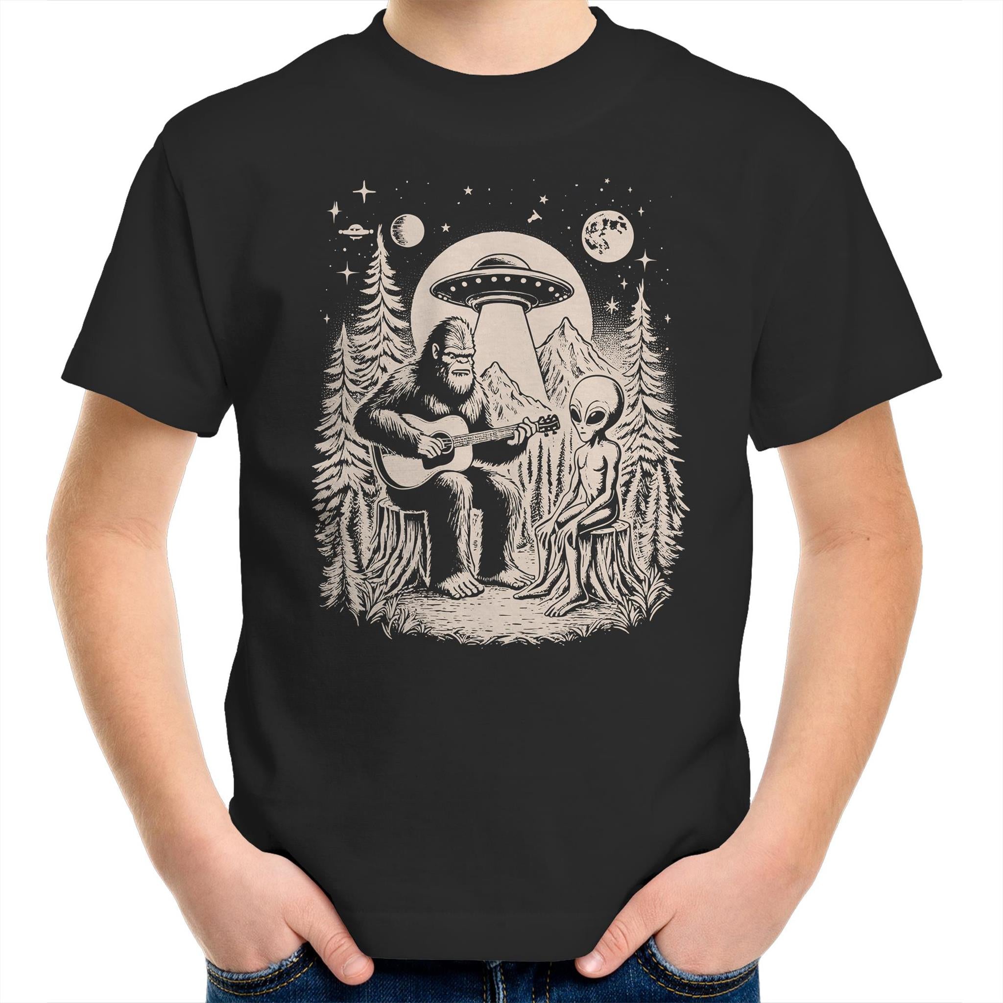 Alien And Bigfoot Playing Guitar - Kids Youth T-shirt Black Kids Youth T-shirt Music Printed In Australia Sci Fi