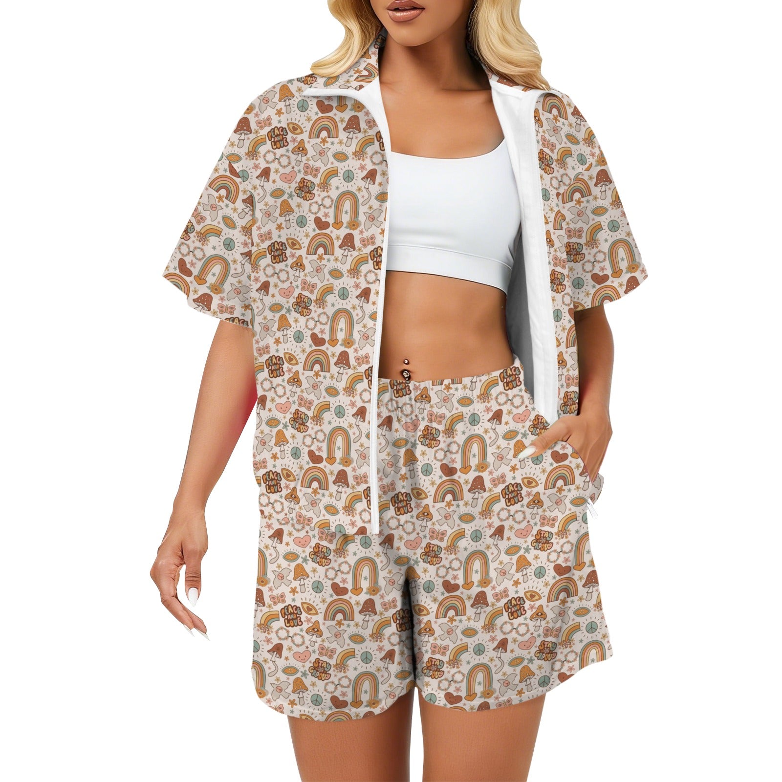Peace And Love Women's Windbreaker Short Set 2XL Women's Windbreaker Short Set Printed Offshore Retro