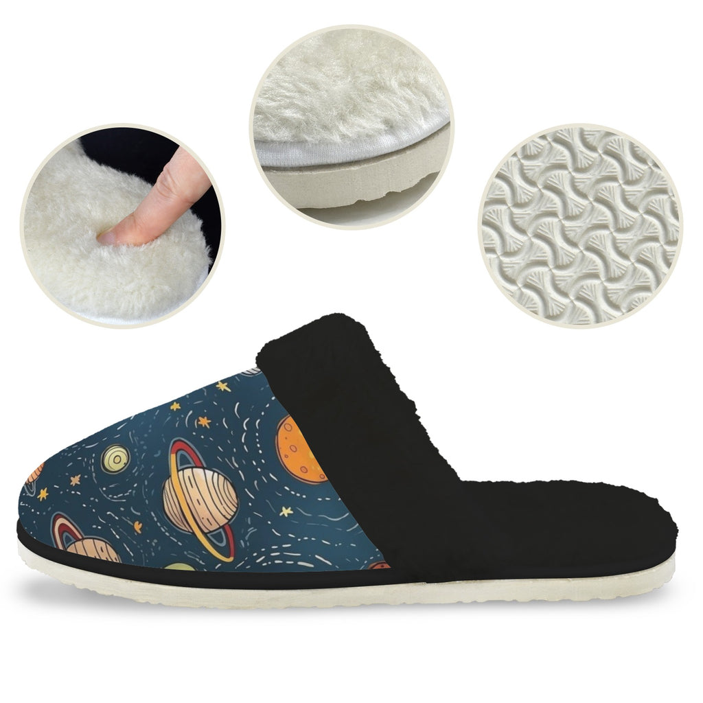 Galaxy Men's Fur Trim Thick-Sole Indoor Slippers Men's Fur Trimmed Slippers Printed Offshore Space