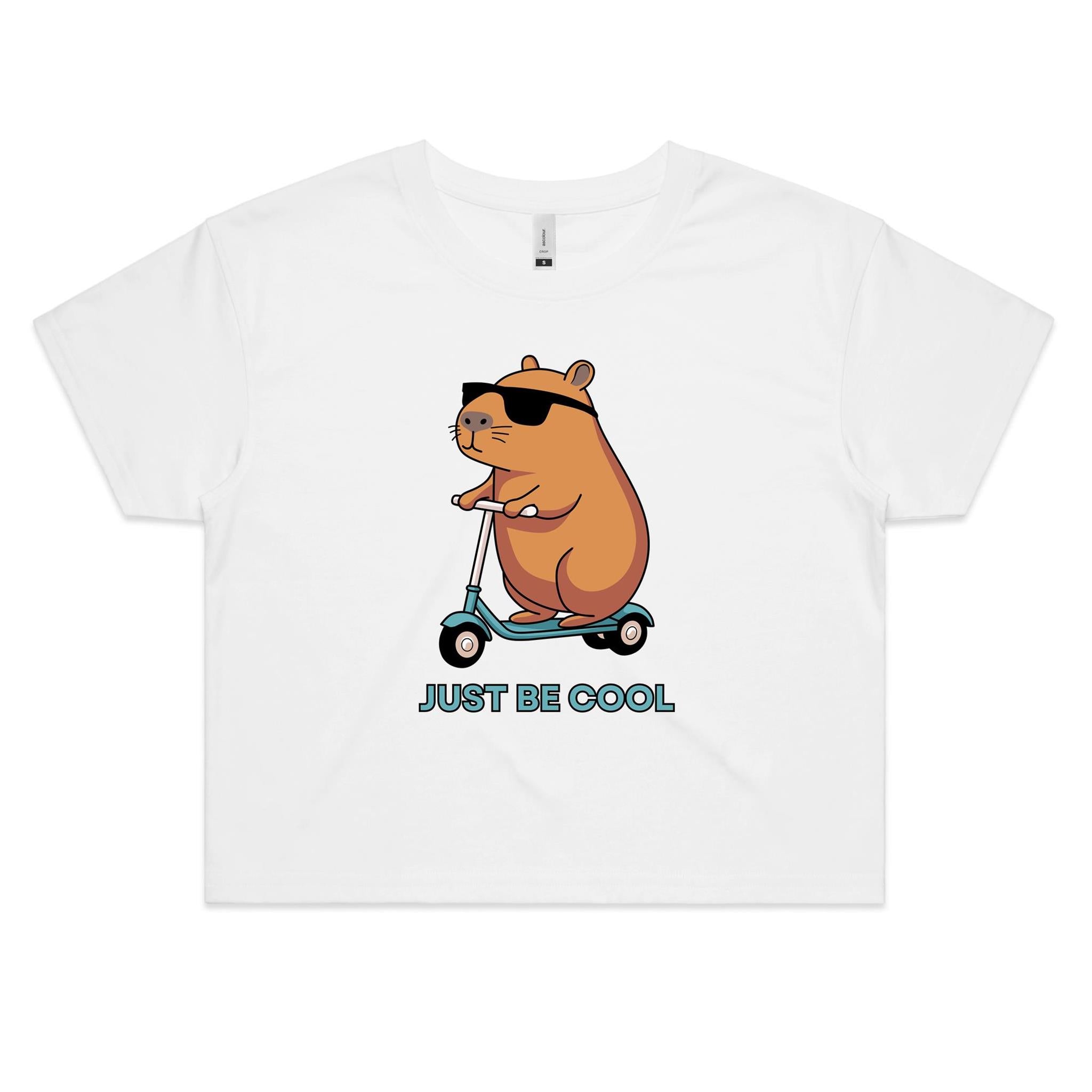 Capybara, Just Be Cool Women's AS Colour Crop Tee White animal Printed In Australia