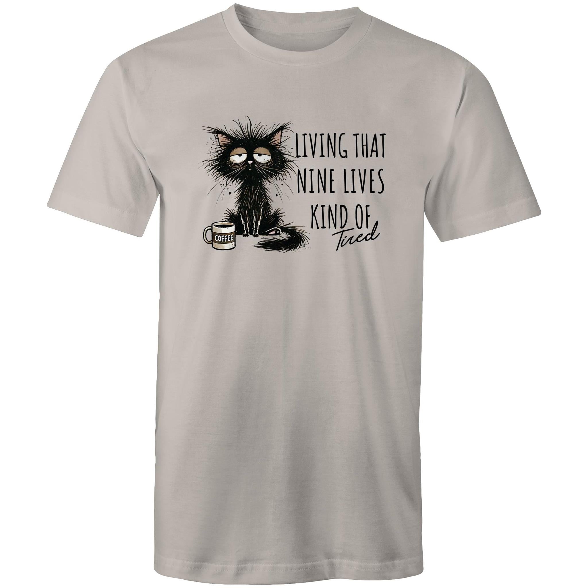 Living That Nine Lives Kind Of Tired, Frazzled Cat - Mens T-Shirt Light Grey Mens T-shirt animal Coffee Printed In Australia