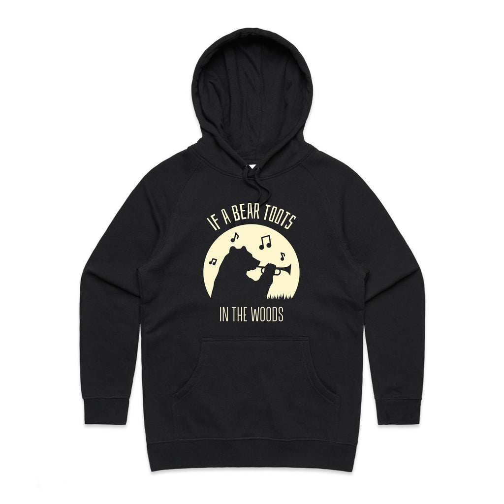 If A Bear Toots In The Woods, Trumpet Player - Womens Hoodie Black Womens Hoodie animal Music Printed In Australia
