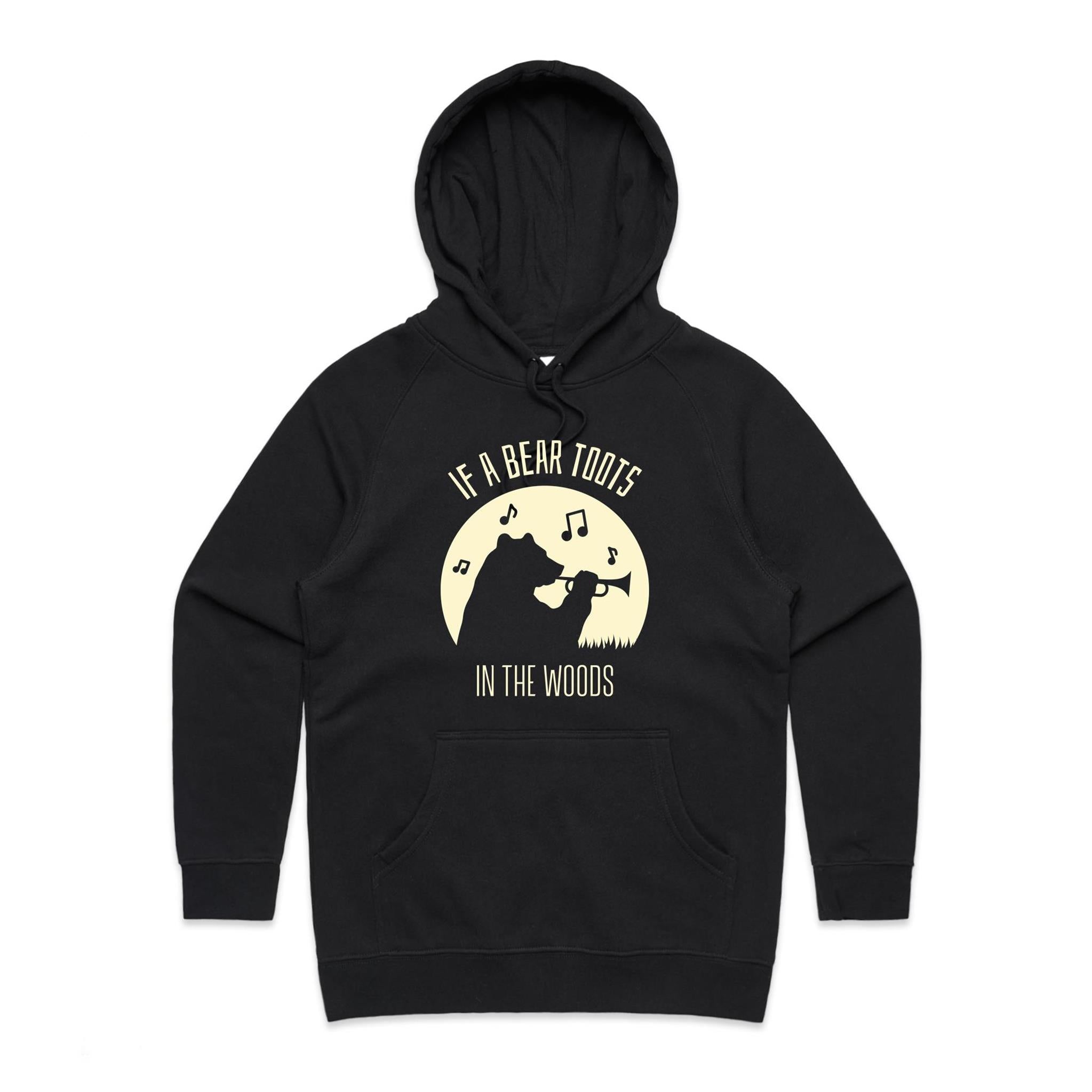 If A Bear Toots In The Woods, Trumpet Player - Womens Hoodie Black Womens Hoodie animal Music Printed In Australia