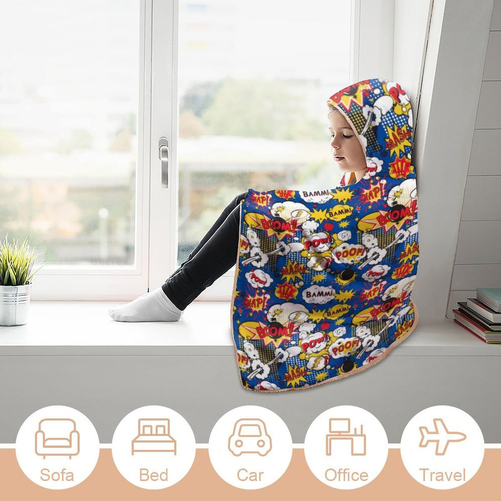 Comic Book Blue Kids Hooded Blanket 100cm x 130cm Kids Hooded Blanket comic Printed Offshore