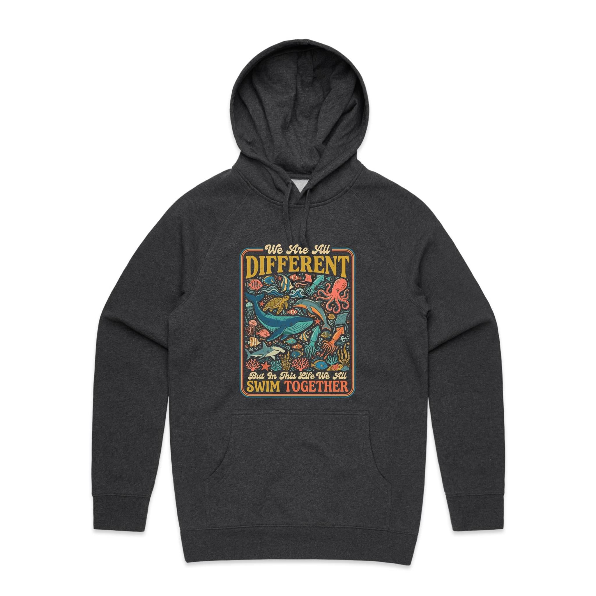 We Are All Different, But We All Swim Together - Men's AS Colour Hoodie Asphalt Marle Mens Hoodie animal Ocean Positivity Printed In Australia