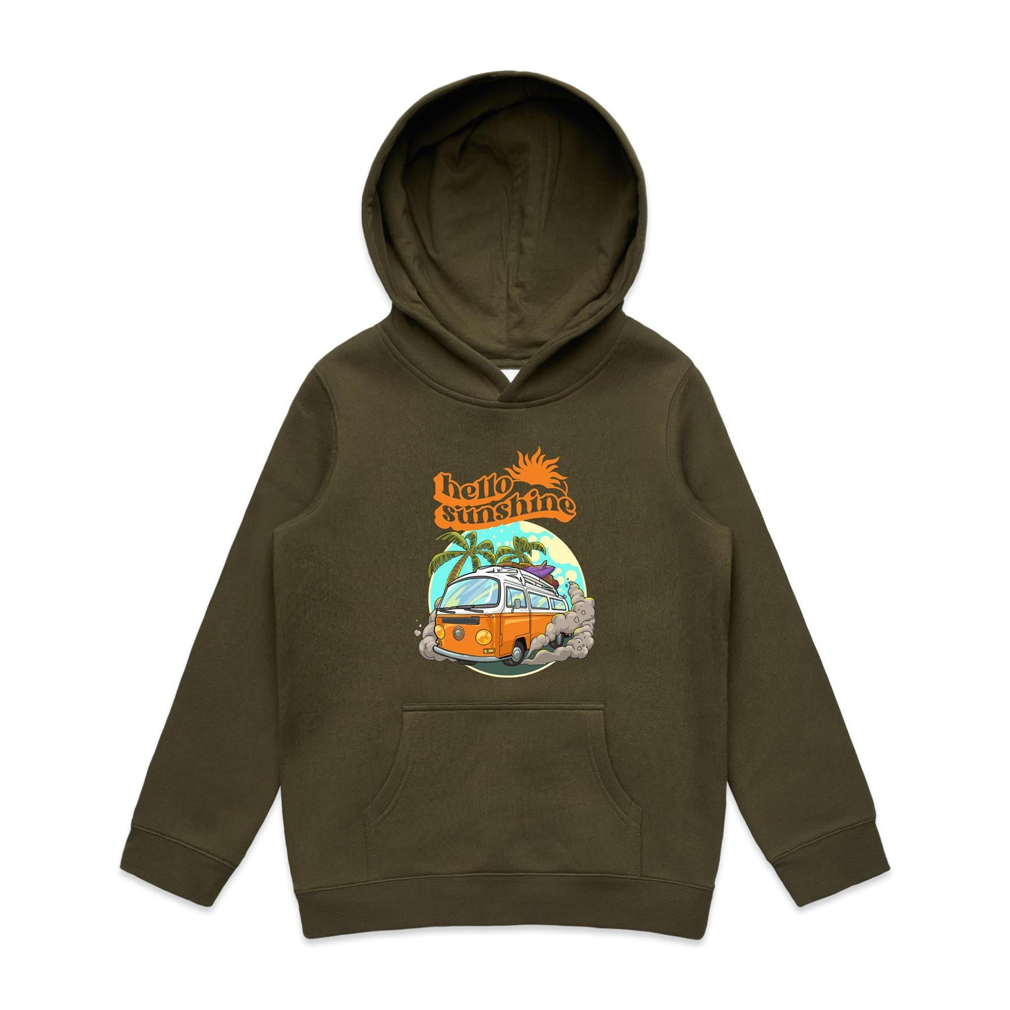 Hello Sunshine, Beach Van - Kids Hoodie Army Kids Hoodie Printed In Australia