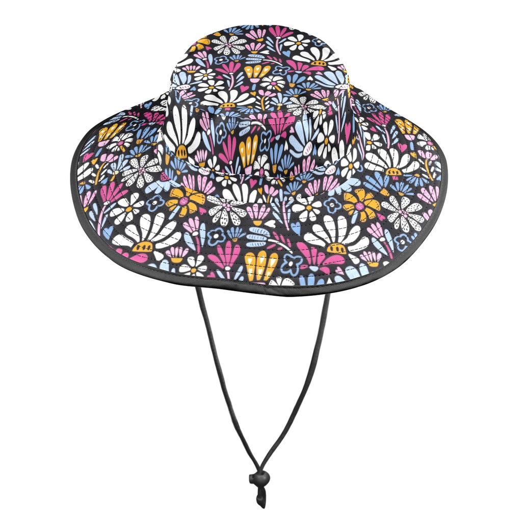 Graphic Flowers On Black Wide Brim Bucket Hat Wide Brim Bucket Hat Plants Printed Offshore