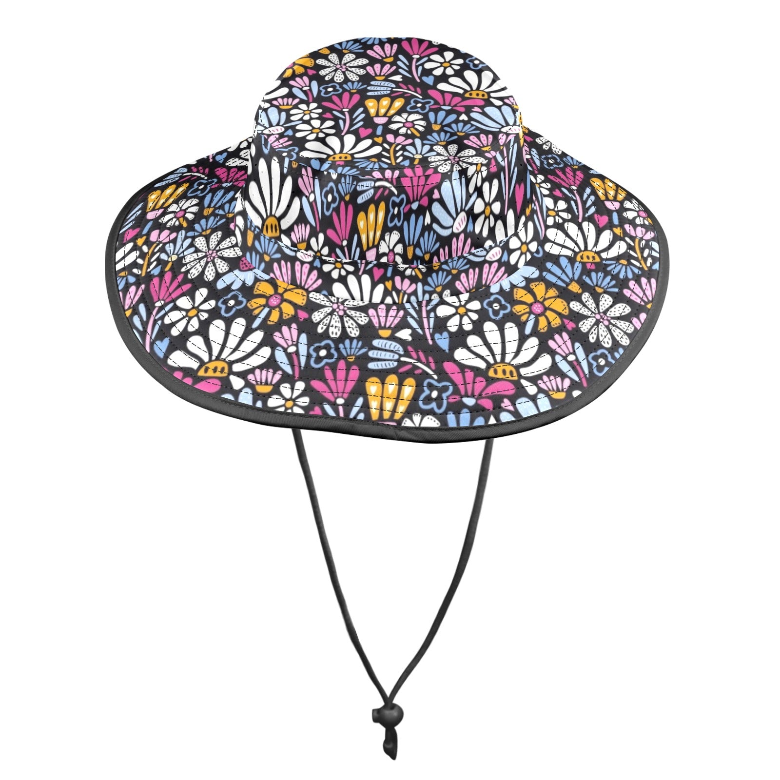 Graphic Flowers On Black Wide Brim Bucket Hat Wide Brim Bucket Hat Plants Printed Offshore