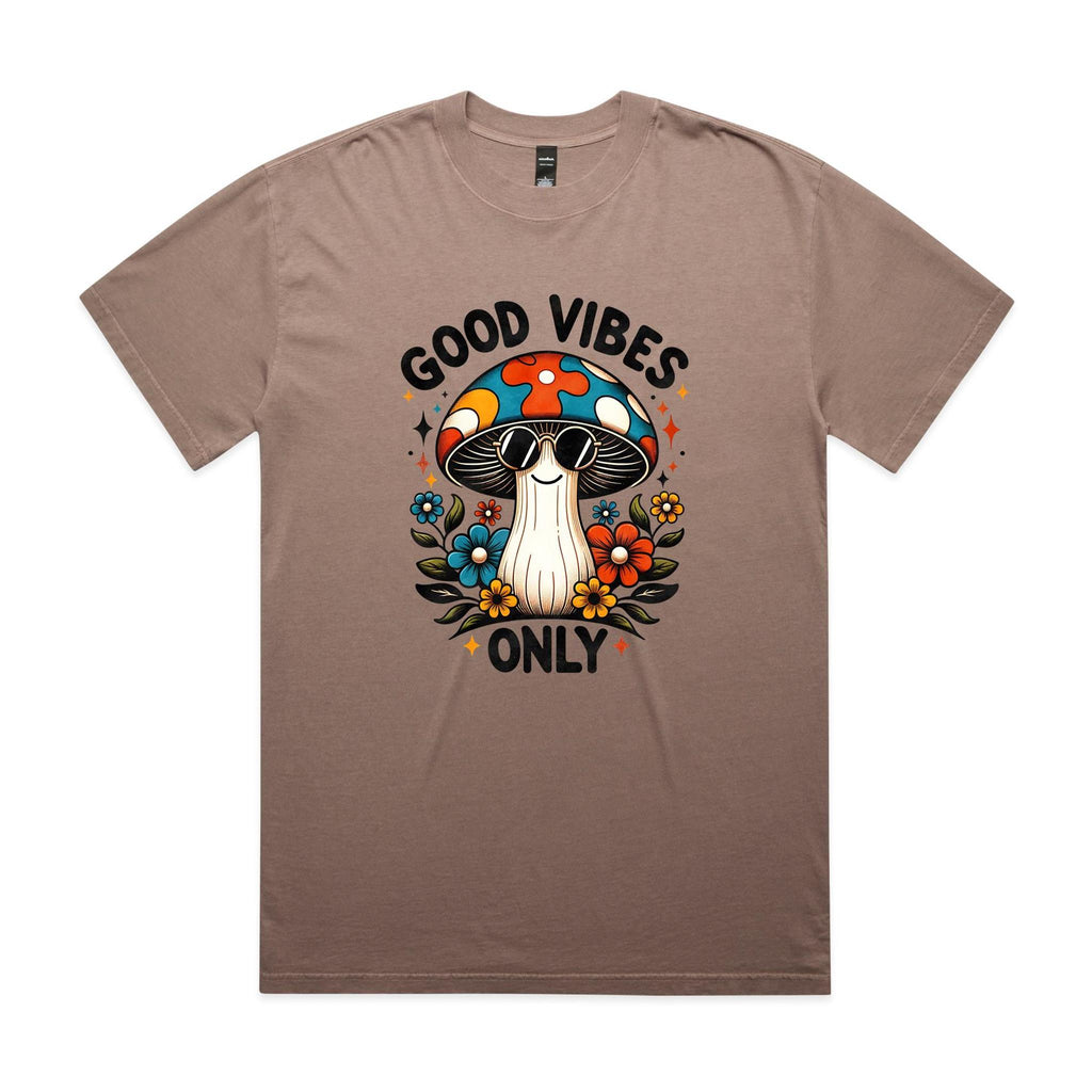 Good Vibes Only, Hippie Mushroom AS Colour Heavy Faded Tee Unisex Faded mushroom Heavy Faded T-shirt Positivity Printed In Australia
