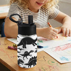 Black And White Dinosaurs 12oz Kids Water Bottle with Straw Lid