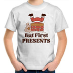 But First Presents, Santa In Chimney - Kids Youth T-Shirt White Kids Christmas T-shirt Christmas Printed In Australia