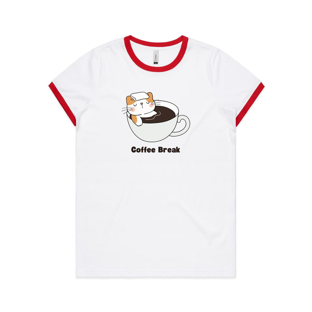 Cat Coffee Break - Women's Ringer Tee White Red Womens Ringer T-shirt animal Coffee Printed In Australia