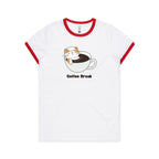 Cat Coffee Break - Women's Ringer Tee White Red Womens Ringer T-shirt animal Coffee Printed In Australia