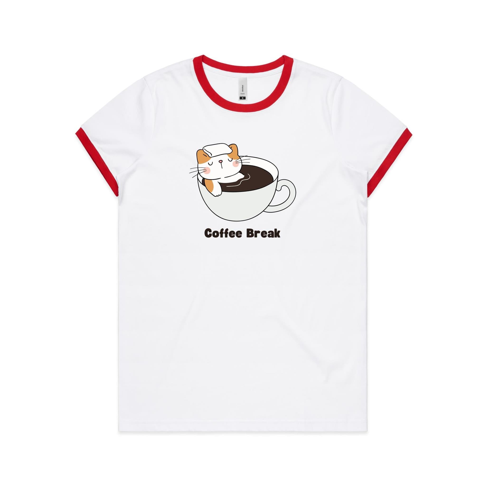 Cat Coffee Break - Women's Ringer Tee White Red Womens Ringer T-shirt animal Coffee Printed In Australia
