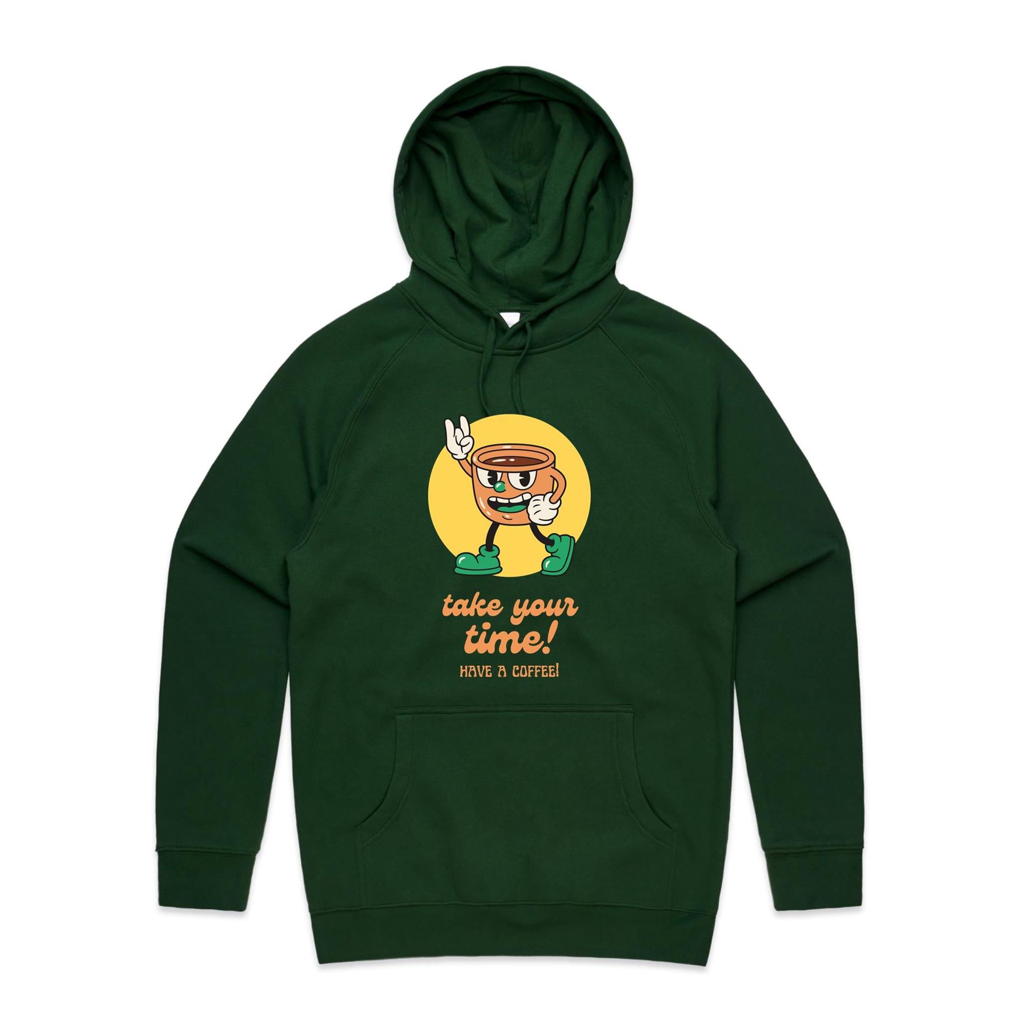 Take Your Time, Have A Coffee - Mens Hoodie Forest Green Mens Hoodie Coffee Printed In Australia Retro