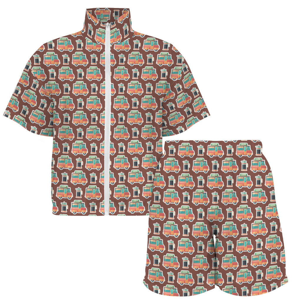 Coffee Van Women's Windbreaker Short Set Women's Windbreaker Short Set Coffee Printed Offshore