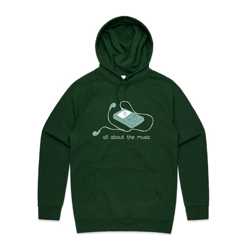 All About The Music, Earbuds - Mens Hoodie Forest Green Mens Hoodie Music Printed In Australia