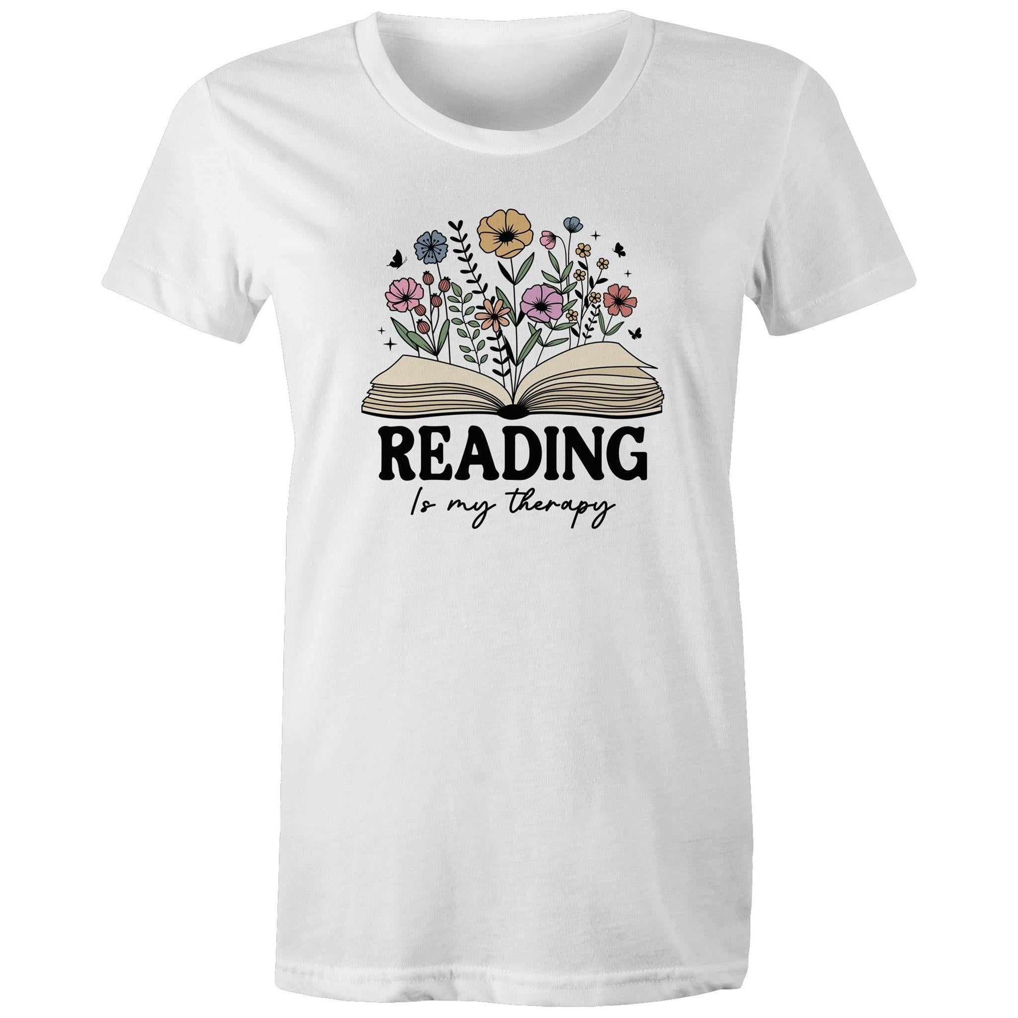 Reading Is My Therapy - Womens T-shirt White Womens T-shirt Printed In Australia Reading