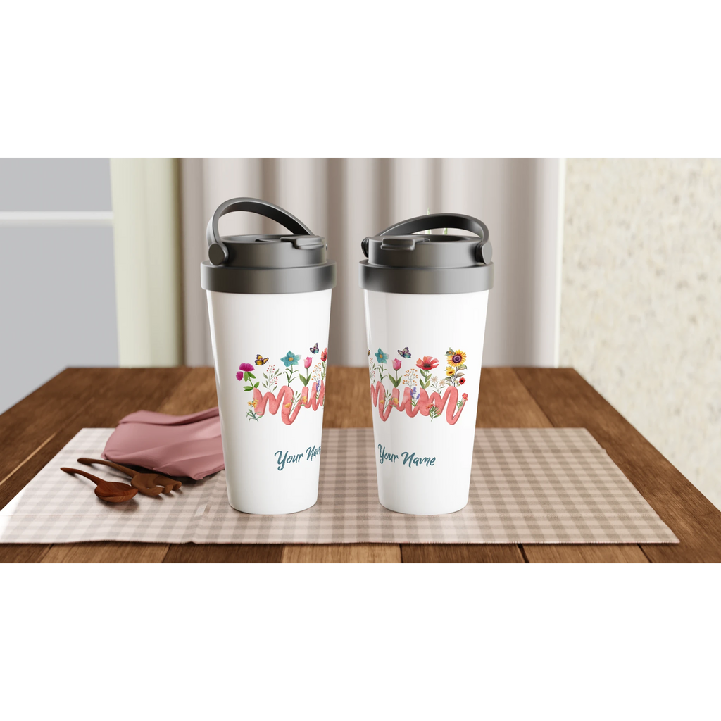 Personalised Mum With Flowers And Butterflies White 15oz Stainless Steel Travel Mug Personalised Travel Mug Globally Fulfilled Mum