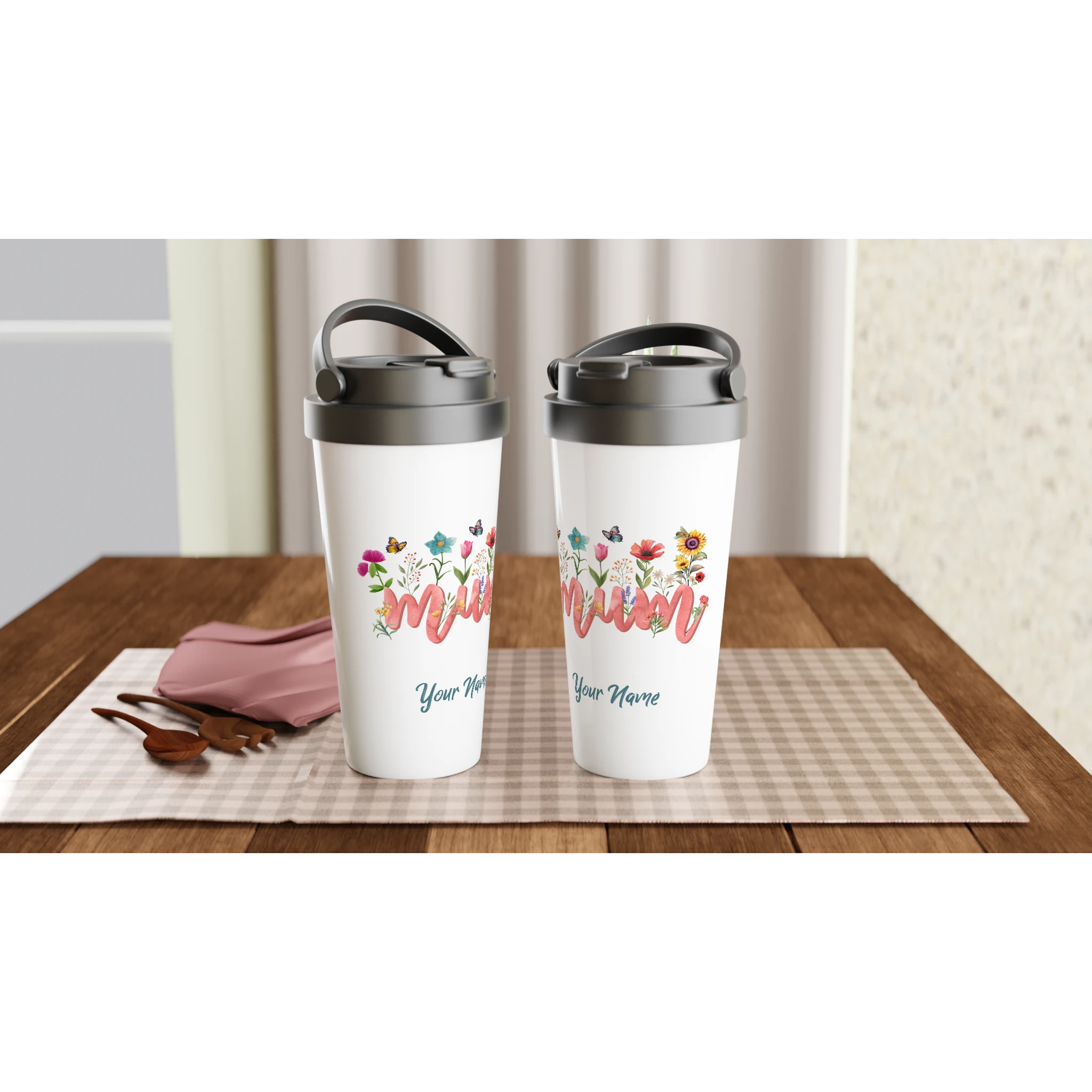 Personalised - Mum With Flowers And Butterflies - White 15oz Stainless Steel Travel Mug Personalised Travel Mug Globally Fulfilled Mum