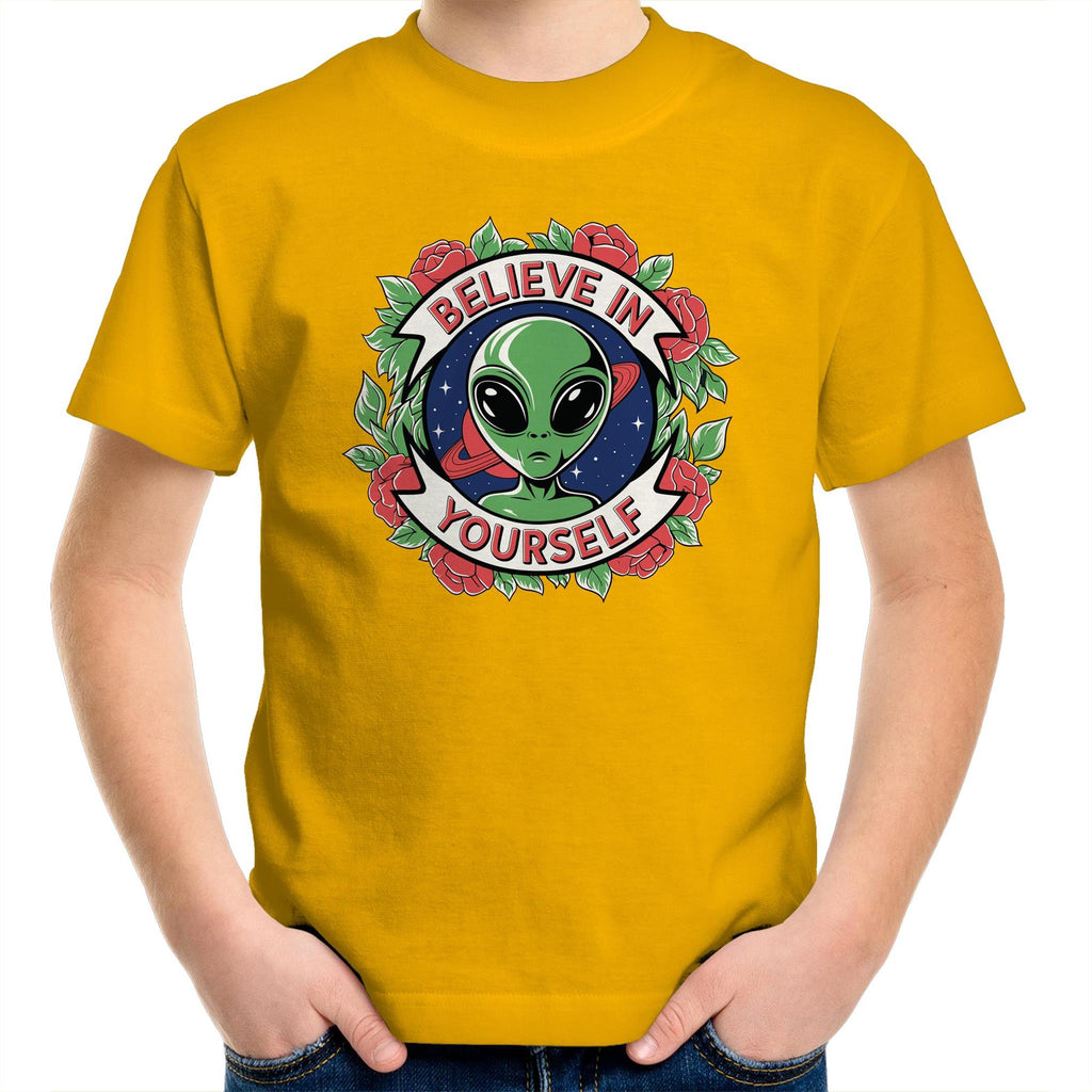 Believe In Yourself, Alien - Kids Youth T-shirt Gold Kids Youth T-shirt Motivation Positivity Printed In Australia Sci Fi