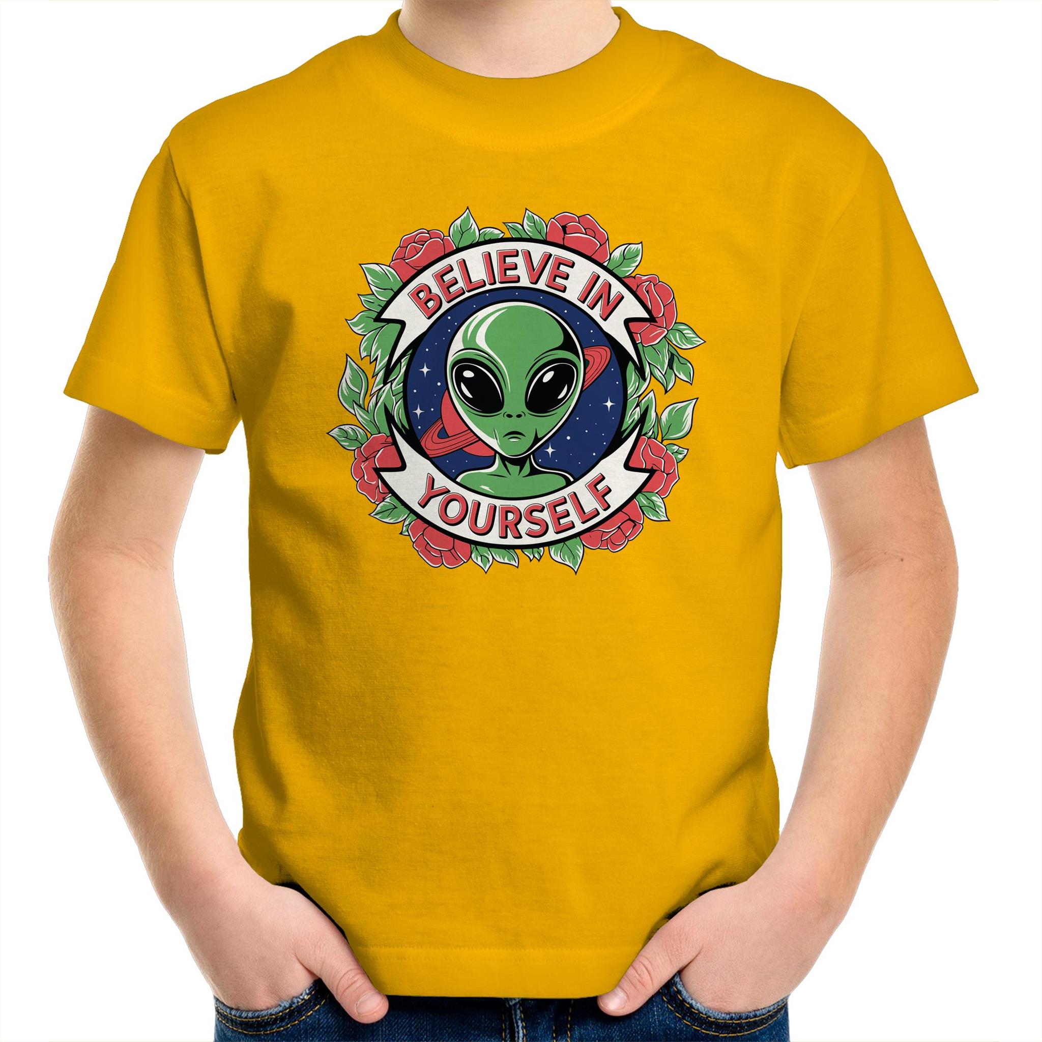 Believe In Yourself, Alien - Kids Youth T-shirt Gold Kids Youth T-shirt Motivation Positivity Printed In Australia Sci Fi