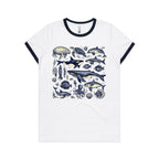 Sea Creatures - Women's Ringer Tee White Navy Womens Ringer T-shirt animal Printed In Australia