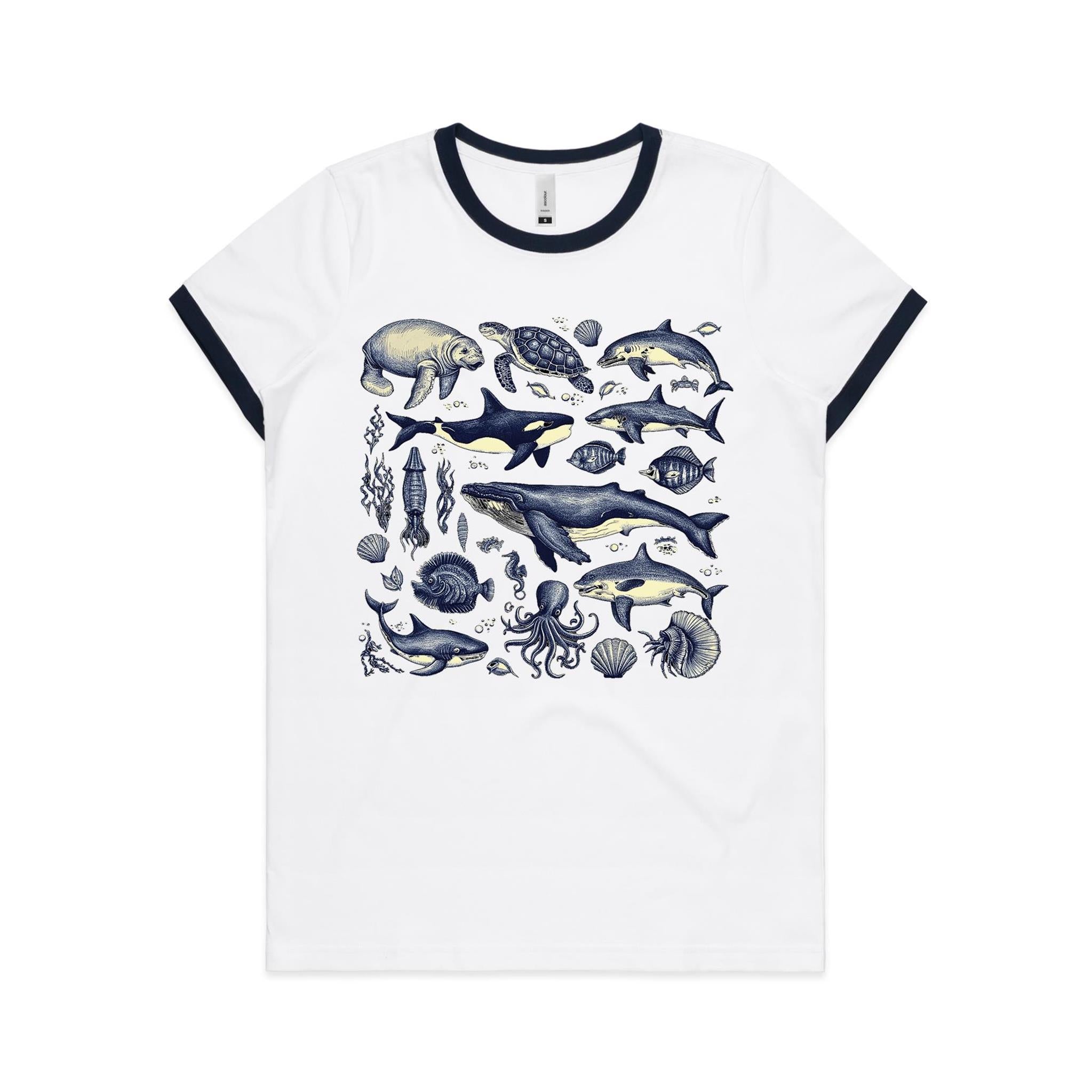 Sea Creatures - Women's Ringer Tee White Navy Womens Ringer T-shirt animal Printed In Australia