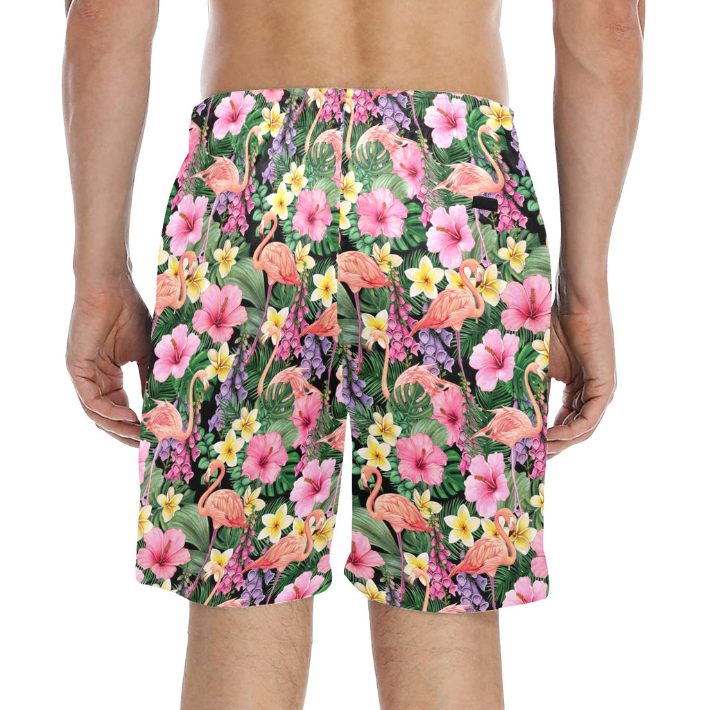 Flamingo Jungle Men's Mid-Length Beach Shorts Men's Mid-Length Beach Shorts animal Plants Printed Offshore