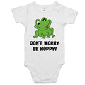 Frog, Don't Worry Be Hoppy AS Colour Baby Bodysuit White Baby Bodysuit Printed In Australia