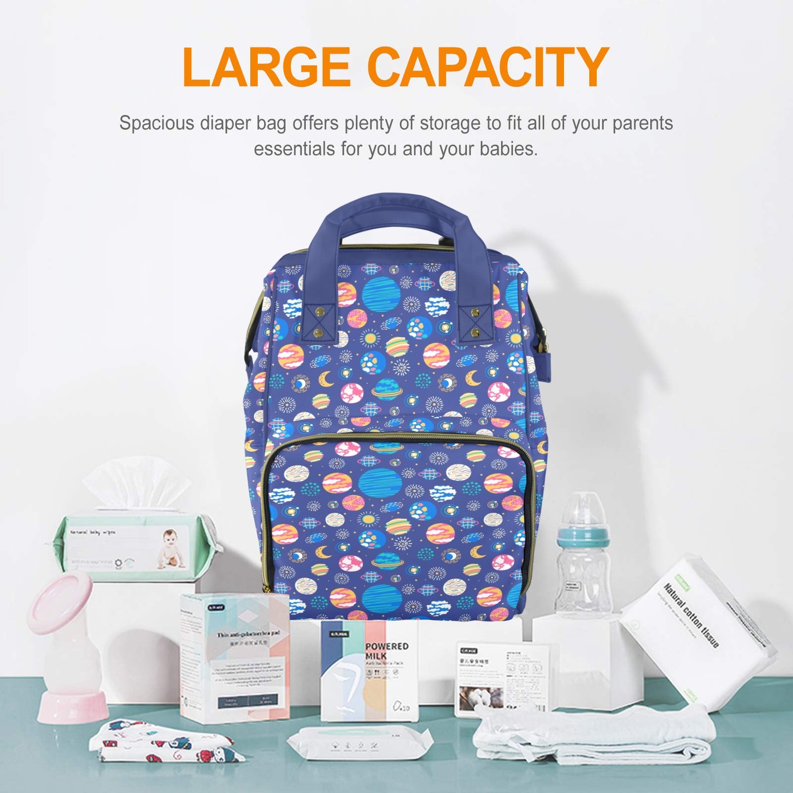 Planets On Blue Multi-Function Backpack, Nappy / Diaper Bag Multi-function Backpack, Nappy / Diaper Bag Printed Offshore Space