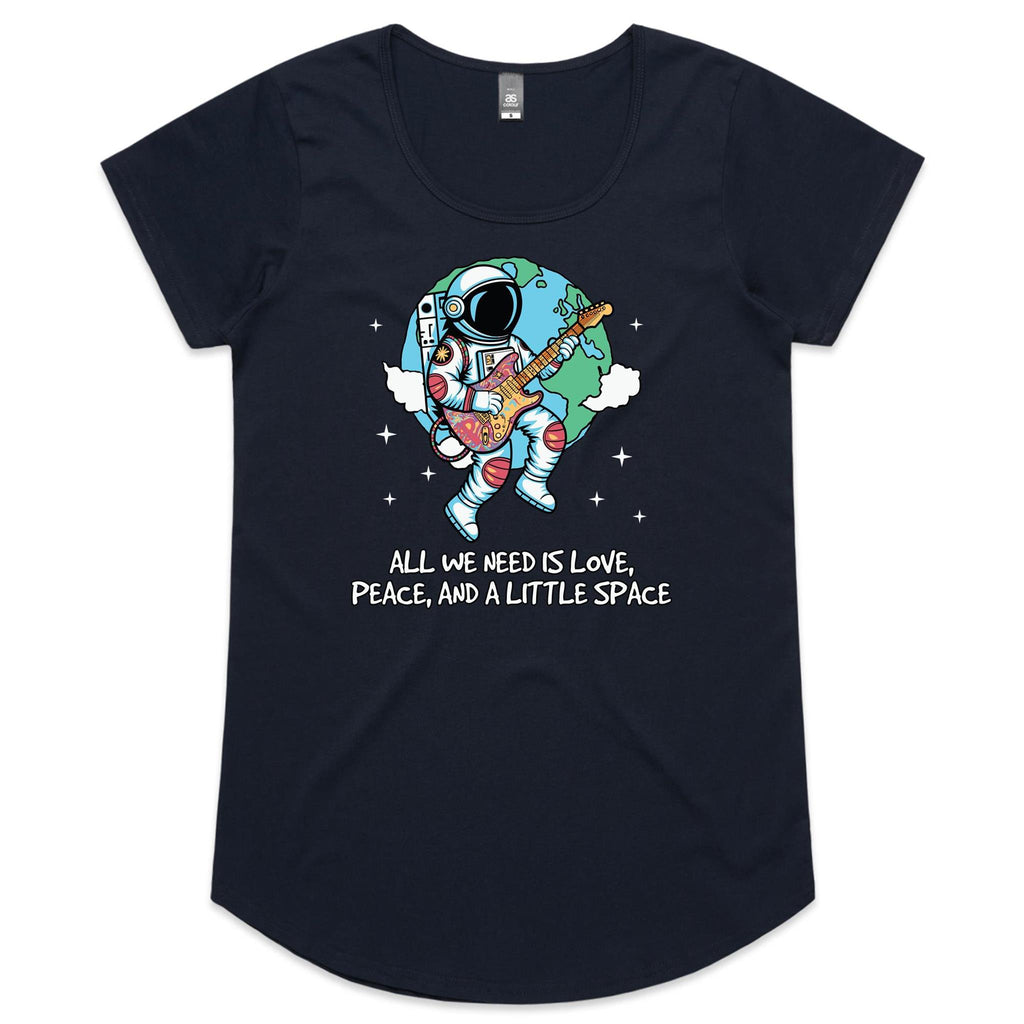 Astronaut, All We Need Is Love, Peace And A Little Space - Womens Scoop Neck T-Shirt Navy Womens Scoop Neck T-shirt Music Printed In Australia Space