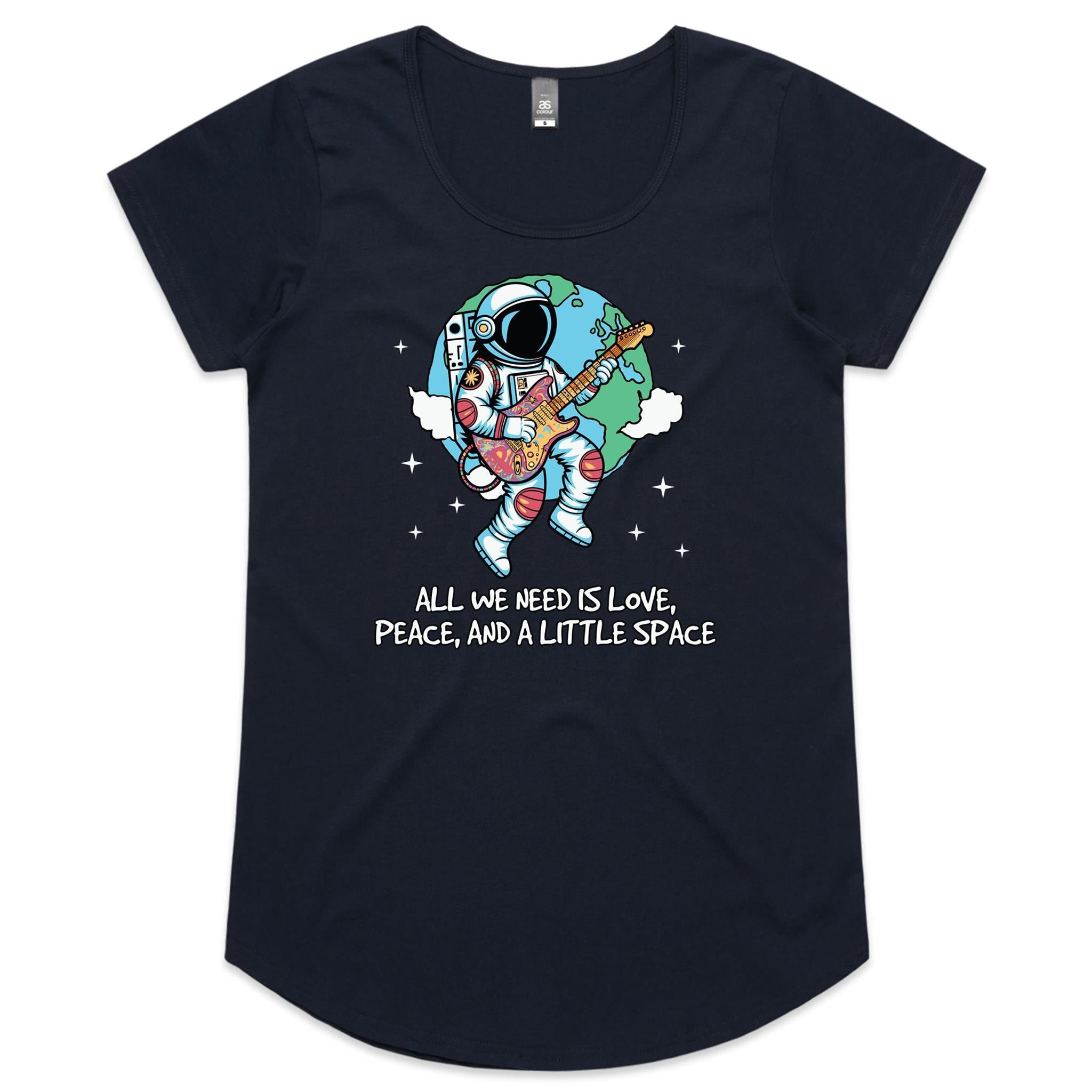 Astronaut, All We Need Is Love, Peace And A Little Space - Womens Scoop Neck T-Shirt Navy Womens Scoop Neck T-shirt Music Printed In Australia Space