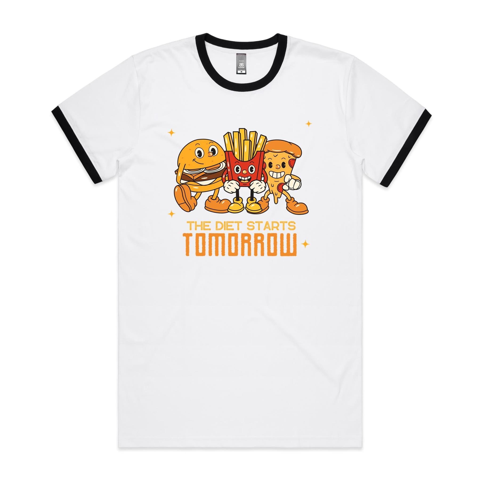 The Diet Starts Tomorrow, Hamburger, Fries, Pizza - Staple Ringer Tee White Black Ringer T-Shirt Food Printed In Australia