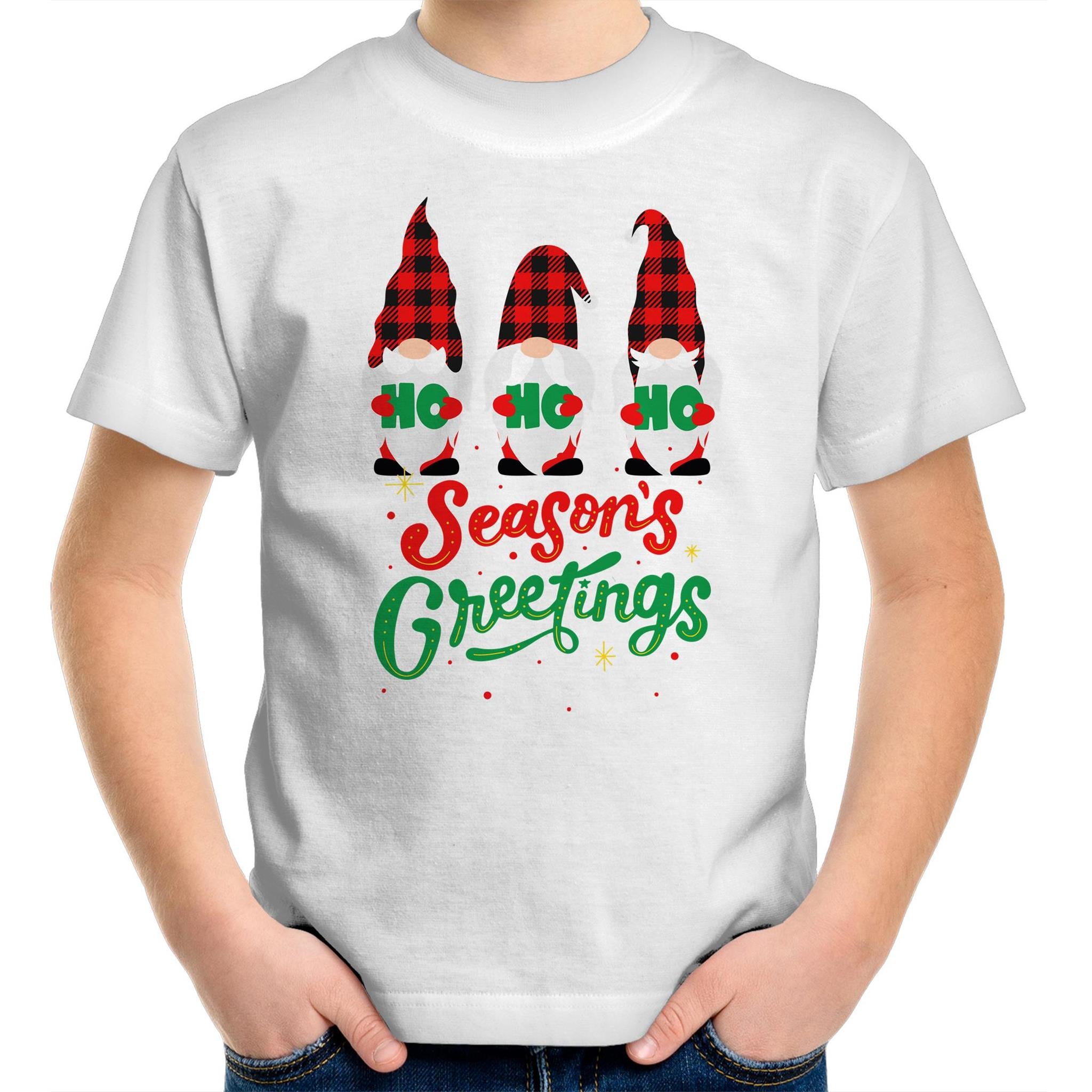 Christmas Gnomes Seasons Greetings - Kids Youth T-Shirt White Kids Christmas T-shirt Christmas Printed In Australia