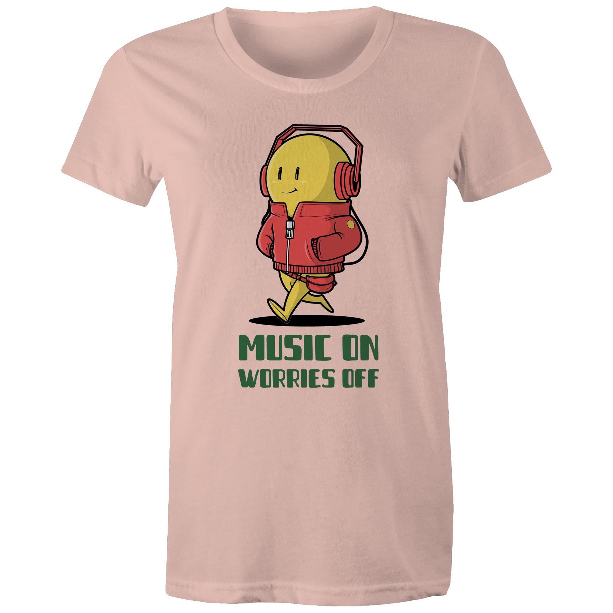 Music On, Worries Off - Womens T-shirt Pale Pink Womens T-shirt Music Printed In Australia
