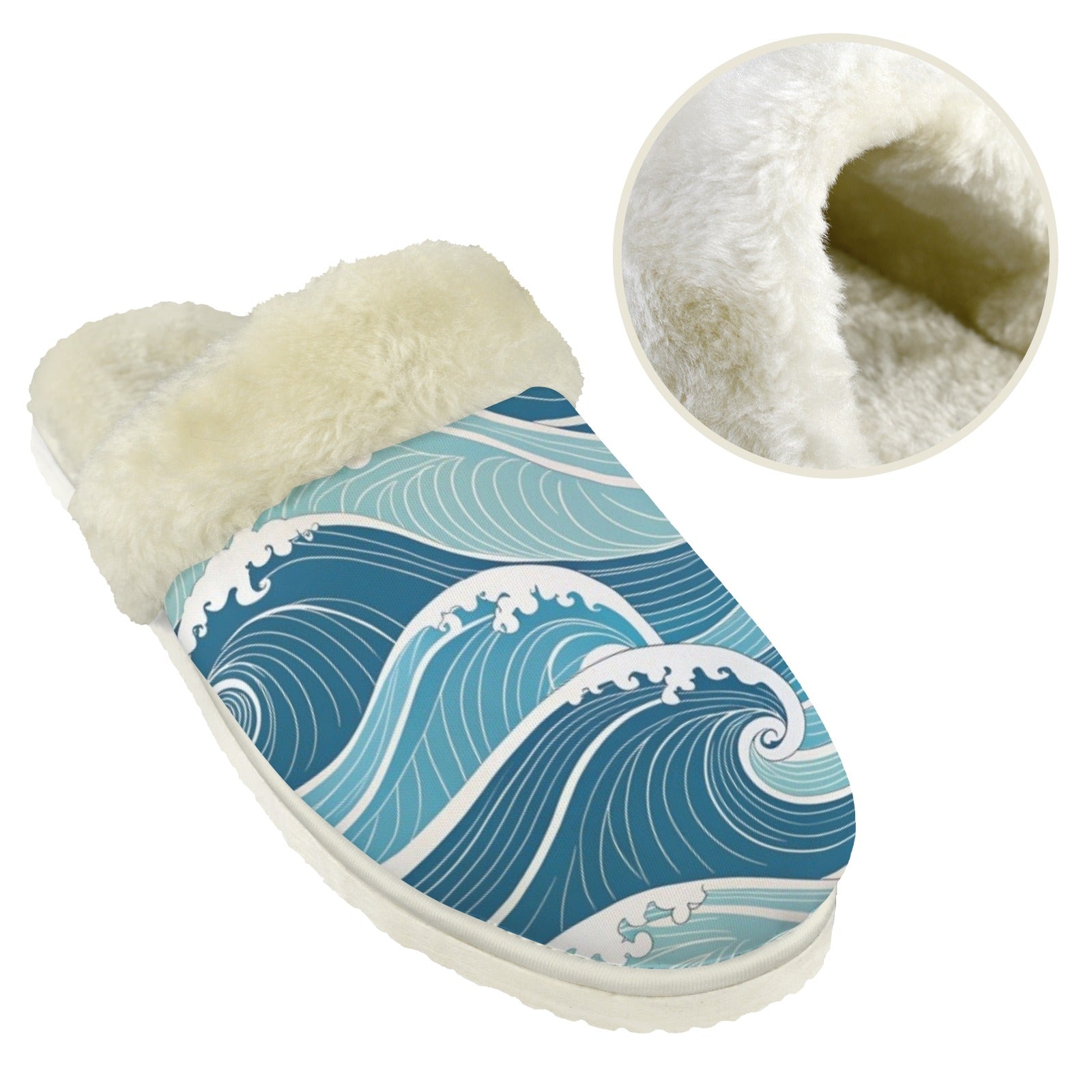 Ocean Waves - Men's Fur Trim Thick-Sole Indoor Slippers Men's Fur Trimmed Slippers Ocean Printed Offshore Surf