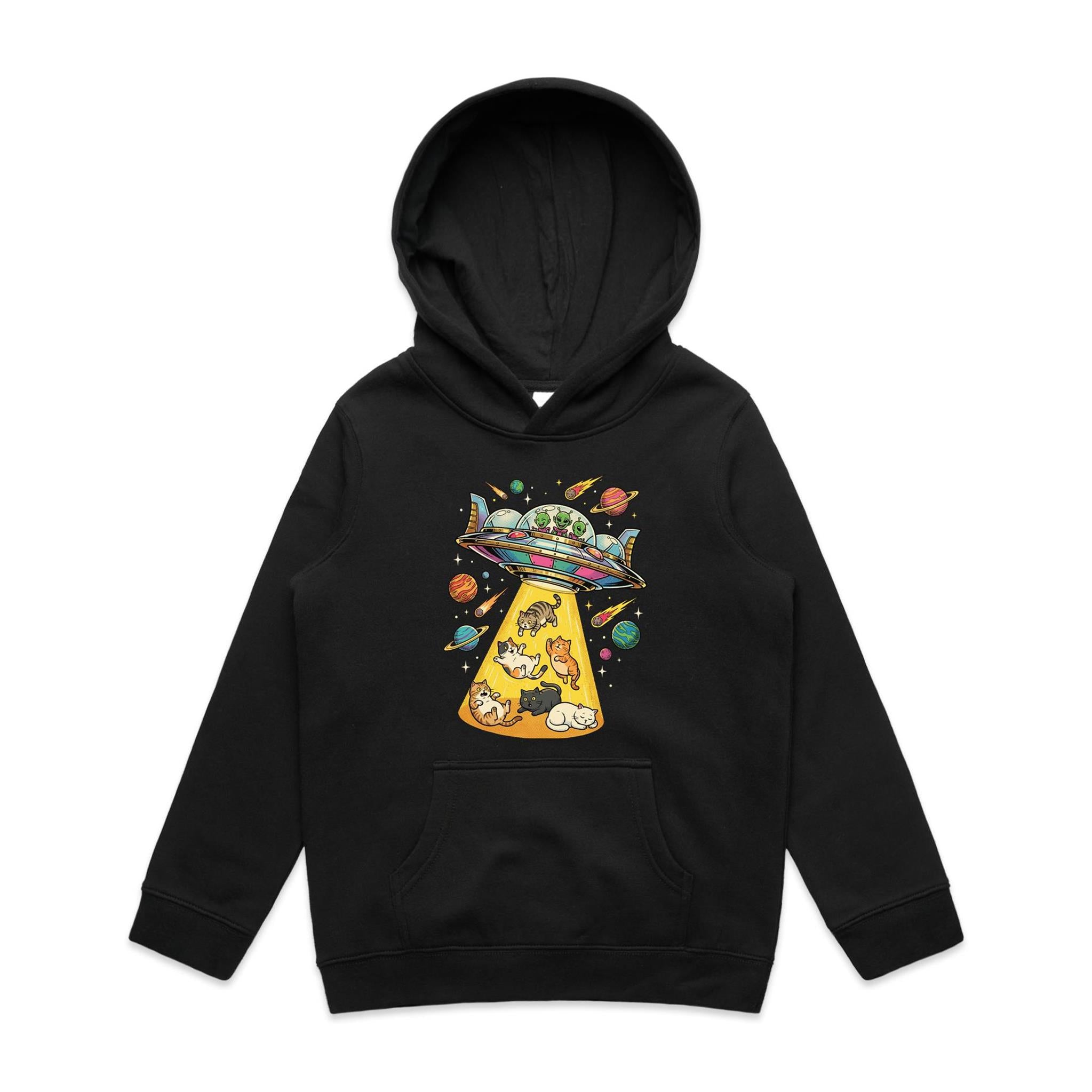 UFO Cat Abduction - Kid's AS Colour Hoodie Black Kids Hoodie animal Printed In Australia Sci Fi