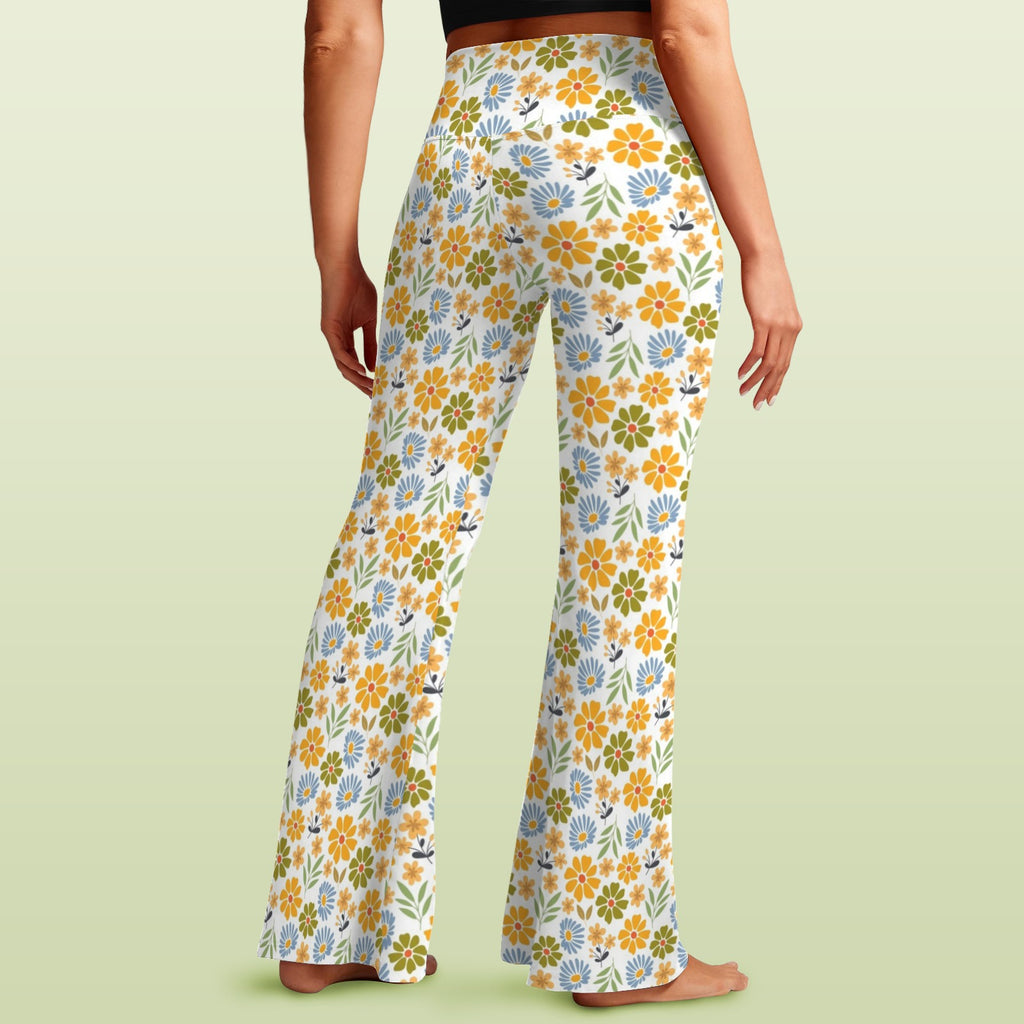 Retro Boho Flower High Waist Crossover Tummy Control Flare Leggings High Waist Flare Leggings Plants Printed Offshore
